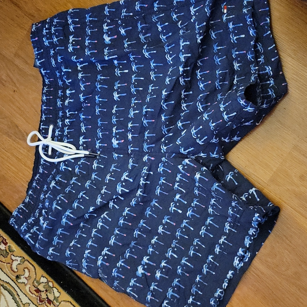 Tommy Hilfiger navy blue men's swim trunks light blue red palm trees Large …EUC